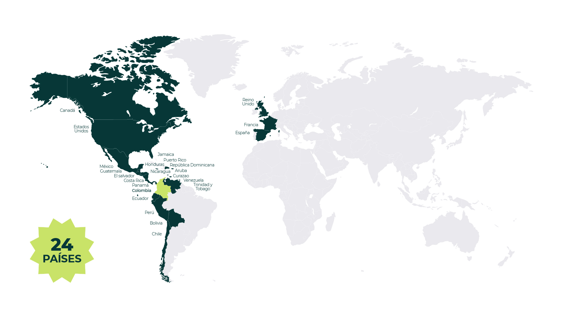 Mapa donde se resaltan los países en donde RTA comercializa sus muebles